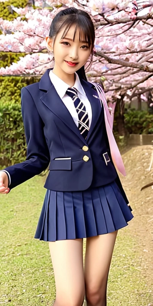 ((64k,super highest quality,Ultra-high resolution,masterpiece,Realistic,Realistic,Very detailed)),Young, adorable, beautiful, cute 16 year old〜20-year-old woman,((Seamless Ultra-thin All-through Pantyhose,Ultra-thin seamless pantyhose, sexy, all-through, beautiful legs, tights, stockings, sheer, pantyhose, ladies)),Full body photo,Full body angle,Esbian all over,Baby Face,single eyelid,Long legs,Thin legs,Thin thighs,Beautiful hands and feet,chest,Cute smile,Adorable smile,nice smile,Autumn cherry blossoms in the background,ponytail,Iris,Black Hair,A lovely, beautiful and youthful Japanese woman,With a young body,Slim waist,((High school girl uniform blazer,Ultra mini skirt)),With a young face