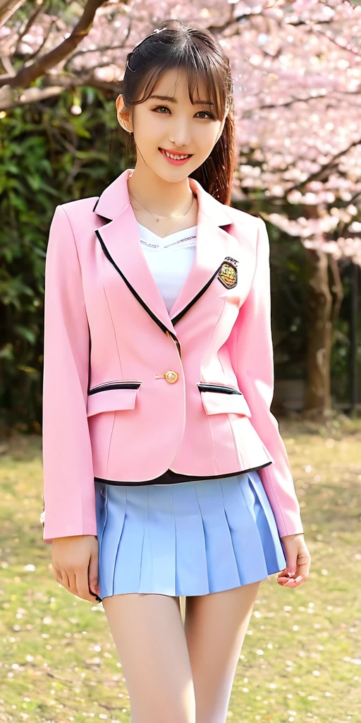 ((64k,super highest quality,Ultra-high resolution,masterpiece,Realistic,Realistic,Very detailed)),Young, adorable, beautiful, cute 16 year old〜20-year-old woman,((Seamless Ultra-thin All-through Pantyhose,Ultra-thin seamless pantyhose, sexy, all-through, beautiful legs, tights, stockings, sheer, pantyhose, ladies)),Full body photo,Full body angle,Esbian all over,Baby Face,single eyelid,Long legs,Thin legs,Thin thighs,Beautiful hands and feet,chest,Cute smile,Adorable smile,nice smile,Autumn cherry blossoms in the background,ponytail,Iris,Black Hair,A lovely, beautiful and youthful Japanese woman,With a young body,Slim waist,((High school girl uniform blazer,Ultra mini skirt)),With a young face