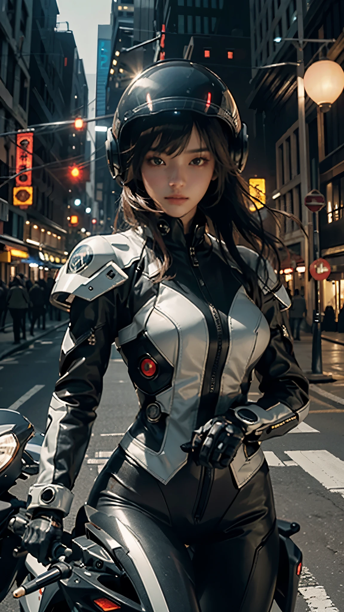 Highest image quality, Outstanding details, Ultra-high resolution, (realism: 1.4), Best example, Offer details, Highly concentrated 1girl, Beautiful face, Dressed in black mech, Wearing a mecha helmet, Handheld directional controller, Riding a motorcycle, The background is a high-tech lighting scene of a future city.