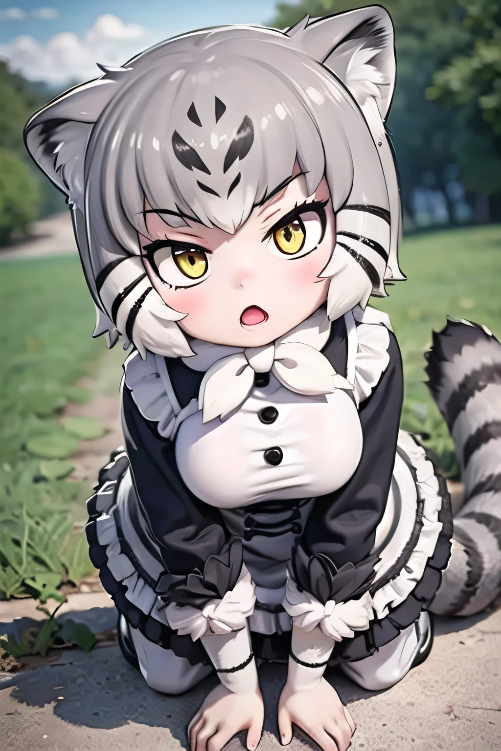 best quality, 1girl, Pallas's Cat (kemono friends), kemono friends, pussy, nsfw, maid apron, skirt lift