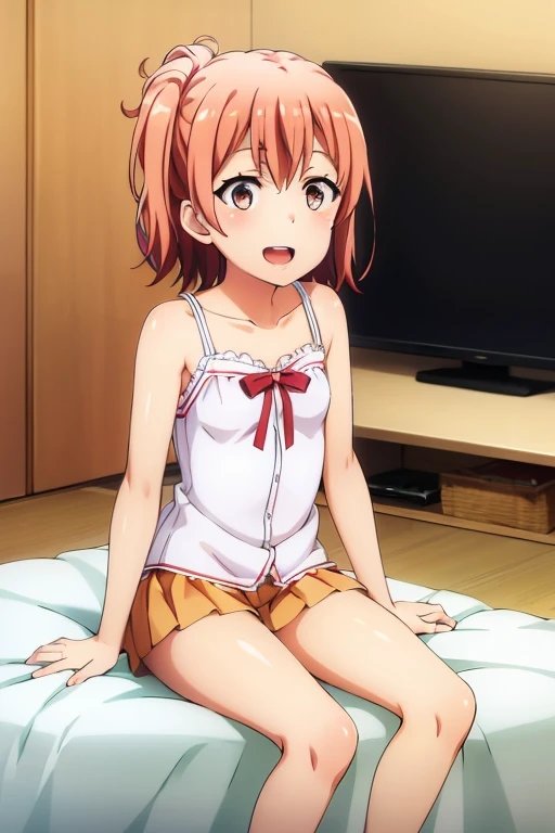 ((highest quality)), ((masterpiece)), (be familiar with), Perfect Face, indoor, Bedroom, Watching the audience,
One woman, Yuigahama Yui,
Open Mouth, Ecstatic expression, blush, smile,
Small breasts, Flat Chest, Young Girl, , , Girl,
Short Hair, Salmon-colored hair, Salmon-colored eyes, Side Pony,
Leg spread,