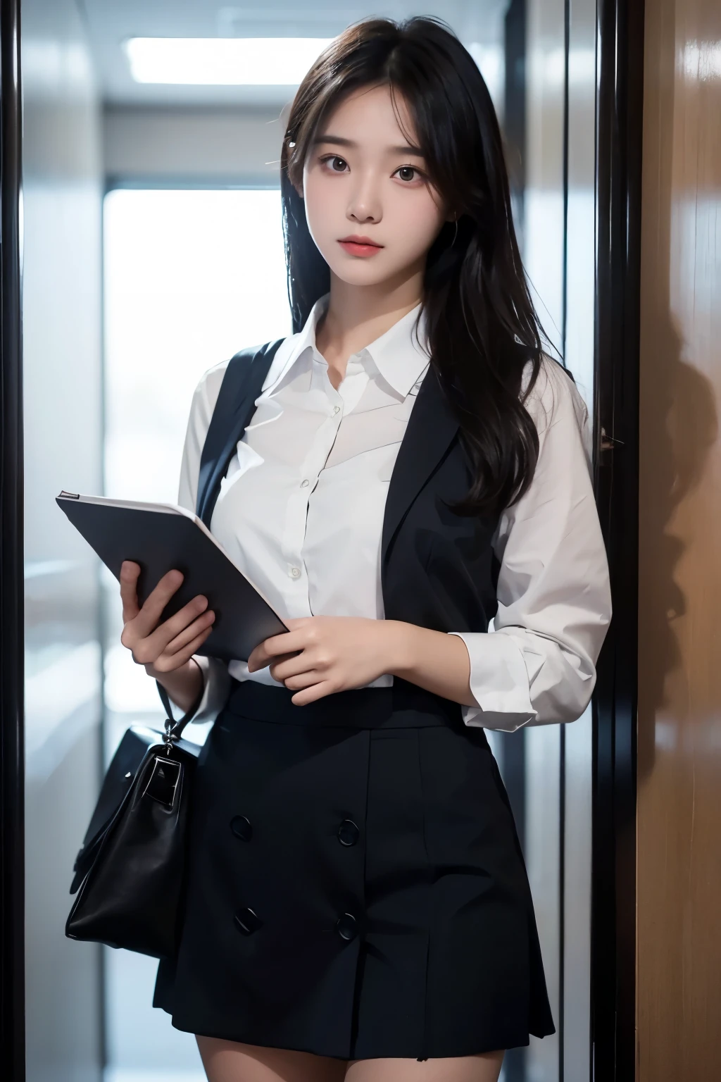 A young girl who just graduated from college,Wearing a simple white shirt,Paired with a dark blue professional skirt,Holding a resume in hand,His eyes were full of anticipation and nervousness.,In the elevator,16:9。