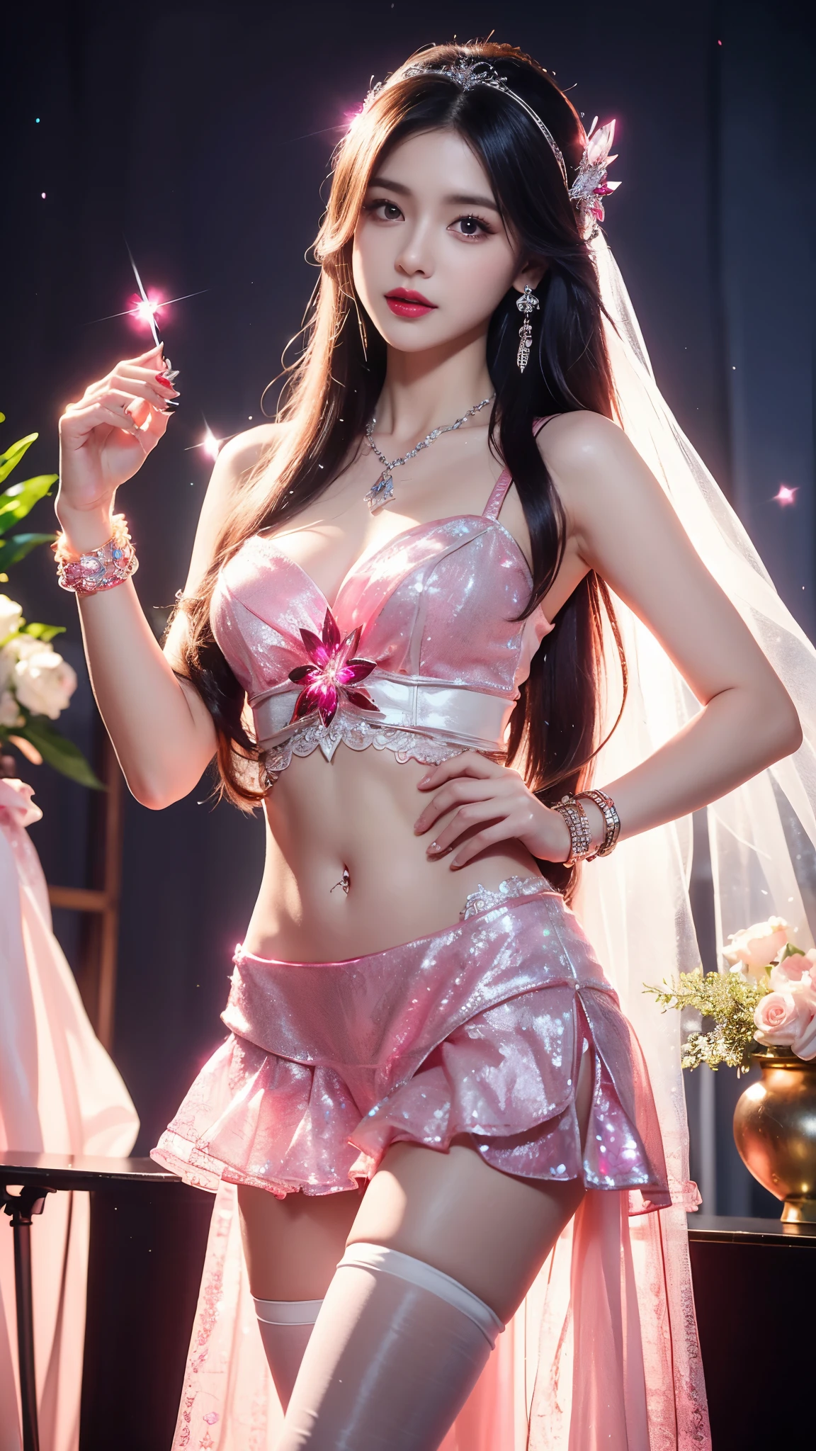 4K, UHD, masterpeice, 1 girl, good face, happy face, ((white skin)), detailed eyes, detailed lipstick, very long hair, straight hair, very long hair, beautiful hair, hair ornaments, hairband, gradient hair, ((magenta stocking)), ((princess clothing)), ((decorated clothing)), ((sardine)), ((sparkle clothing)), ((magenta lace)), ((diamond bracelet)), ((pendant)), ornaments, necklace, earring, high lighting, ((in the wedding stage)), fujicolor, depth of field, ray tracing, ultra realistic detailes, standing with the wall