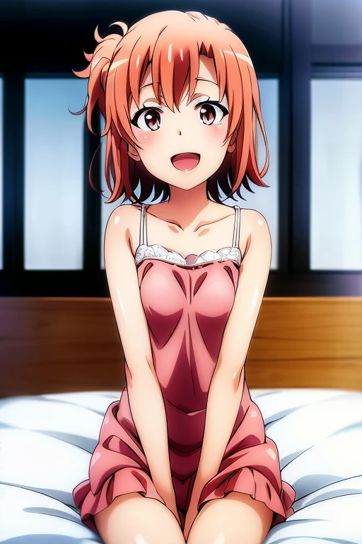 ((highest quality)), ((masterpiece)), (be familiar with), Perfect Face, indoor, Bedroom, Watching the audience,
One woman, Yuigahama Yui,
Open Mouth, Ecstatic expression, blush, smile,
Small breasts, Flat Chest, Young Girl, , , Girl,
Short Hair, Salmon-colored hair, Salmon-colored eyes, Side Pony,
Leg spread,