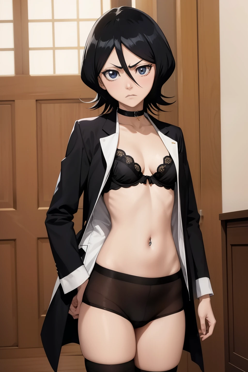 Rukia , anime , masterpiece  , Black color hair, jaqueta aberta open clothes  , bra,  pantie  , long socks,  disappointed face angry  , piercing no umbigo. 