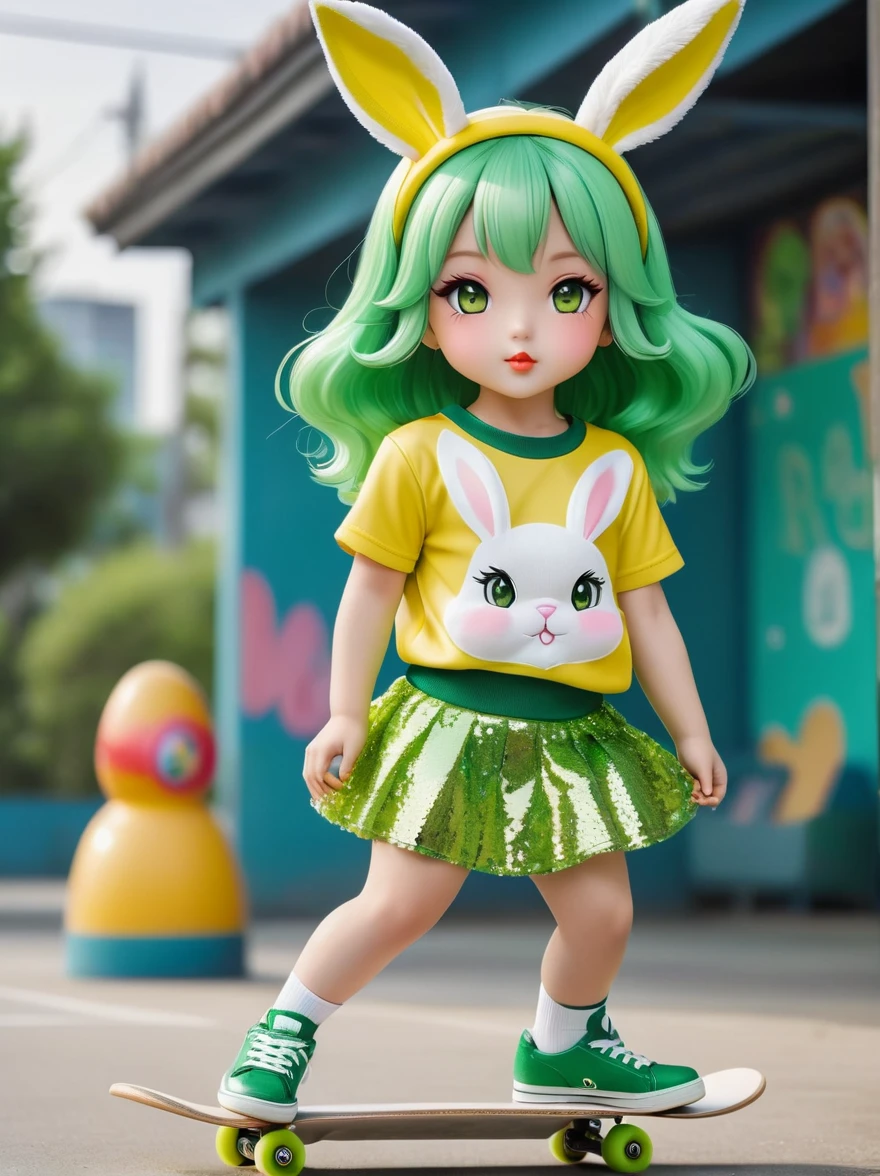 1girl,Wearing a bright yellow-green baseball uniform,Green Sequined Tulle Skirt,(rabbit ears, bunny hair ornament:1.5),Green sneakers,strike a playful pose,Standing on a skateboard,(Close one eye:1.3),Green eyes,Pout your cute little mouth,A faint blush,pride,Cartoon Style,full-body shot,Ballroom Background,Super Detail,Anatomically correct,masterpiece,accurate
