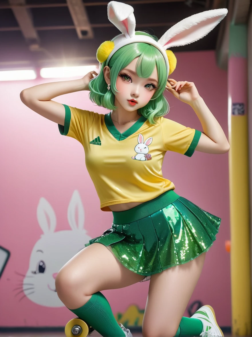 1girl,Wearing a bright yellow-green baseball uniform,Green Sequined Tulle Skirt,(rabbit ears, bunny hair ornament:1.5),Green sneakers,strike a playful pose,Standing on a skateboard,(Close one eye:1.3),Green eyes,Pout your cute little mouth,A faint blush,pride,Cartoon Style,full-body shot,Ballroom Background,Super Detail,Anatomically correct,masterpiece,accurate