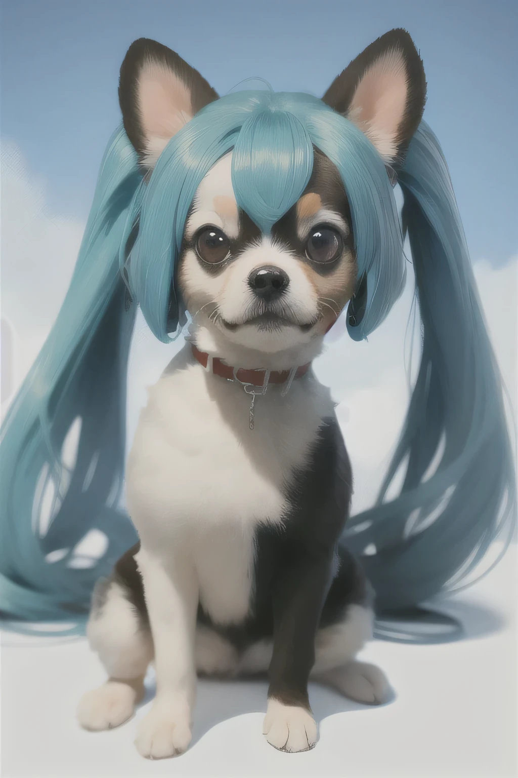 A Papillon dog that looks like Hatsune Miku breathing heavily