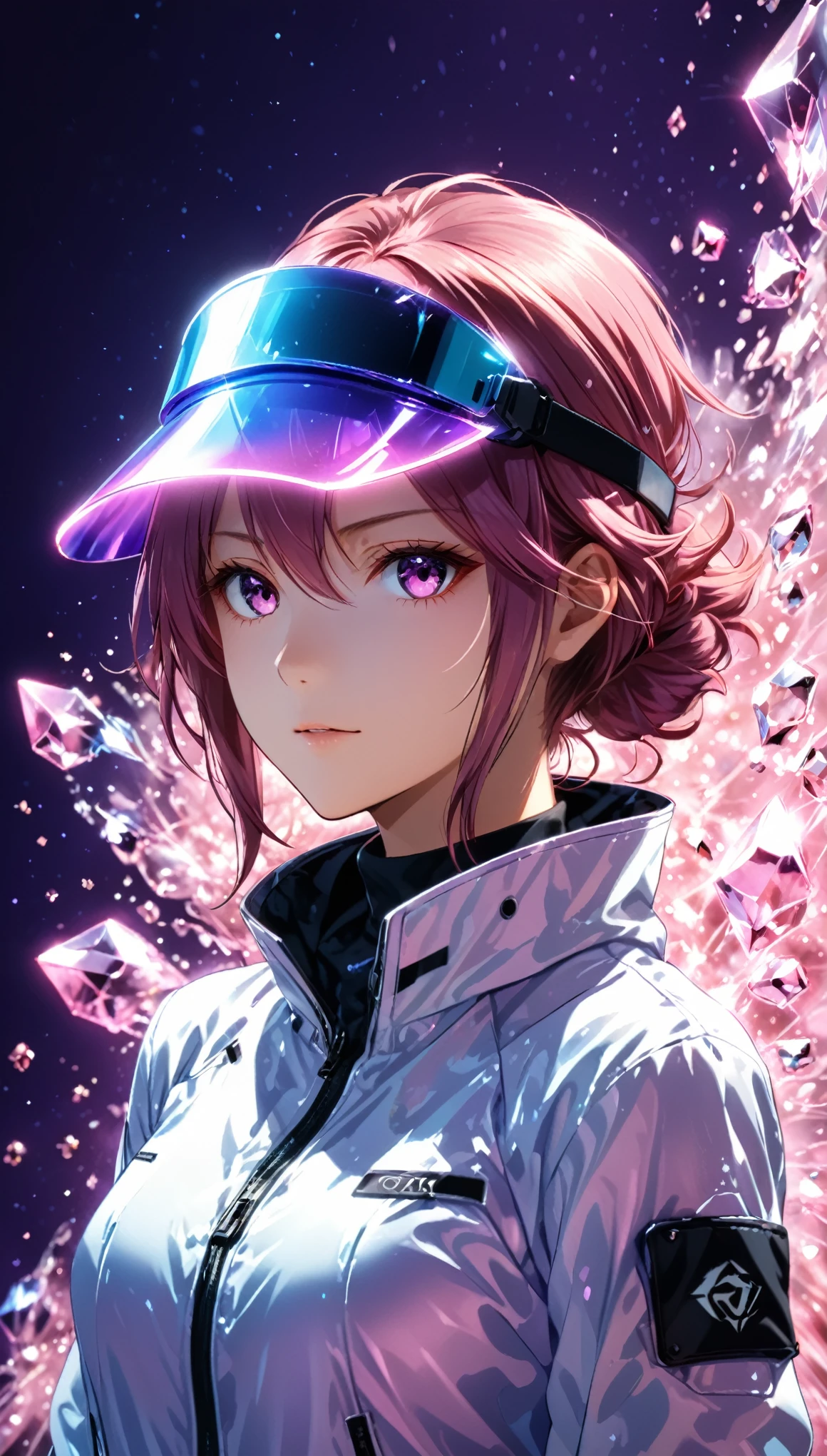 (in style of Takeshi Obata:0.7),
Chemiluminescence,1girl,(minimalism:1.2),in a symbolic and meaningful style,highly reflective surface equipment,mediumvioletred smooth soft Aerogel assault visor
,(detail ray tracing:1.1),(Hypercupolae background:1.2),(motion blur:1.3),blurred background,Rose Quartz,