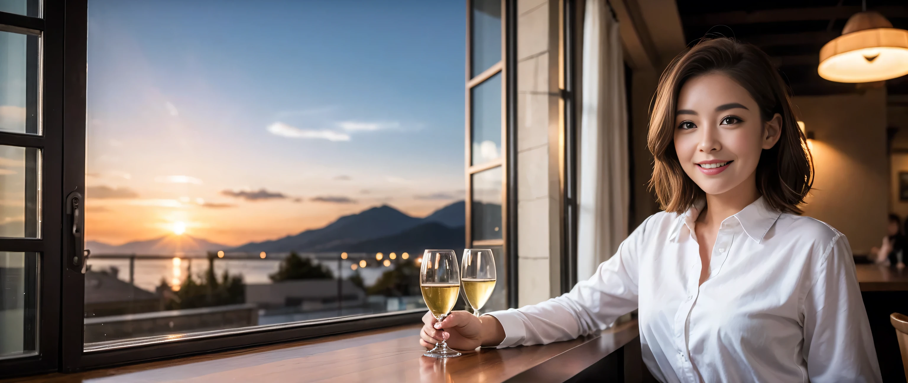 (highest quality、8k、masterpiece:1.3)、Beautiful woman with perfect figure:1.4、Dark brown hair、Wine Party 、2 people、Highly detailed face and skin、Fine grain、double eyelid、Wine glass on the table、Facial lighting、 Amazing view of the sunset sky and clouds、Amazing mountain views、Smile brightly、Smiling lovely woman、Bright image、The beauty of wine, Beautiful Face, blue eyes, Blushing, short hair,Bright Face、 (36 years old), 39 years old, Lady、red wine 、Appetizers、Italian food、wine bottle、Champagne、sparkling wine、Two beauties、Brown Hair、Shortcuts、Long sleeve shirt、dress、Pretty Woman 1, (Slim face), (The body is slim), (Brown Hair), (Shortcuts), cheeks turn a little red,Attractive beauty、, Out of the window, A beautiful and detailed night view unfolds.........., restaurant, In a prominent place (From the waist up) Nova Frog Style, actress, model, Upper Body, White wine, slim, wine glass,