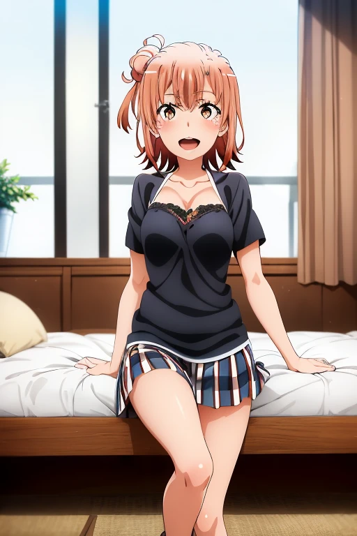 ((highest quality)), ((masterpiece)), (be familiar with), Perfect Face, indoor, Bedroom, Watching the audience,
One woman, Yuigahama Yui,
Open Mouth, Ecstatic expression, blush, smile,
Small breasts, Flat Chest, Young Girl, , , Girl,
Short Hair, Salmon-colored hair, Salmon-colored eyes, Side Pony,
Leg spread,