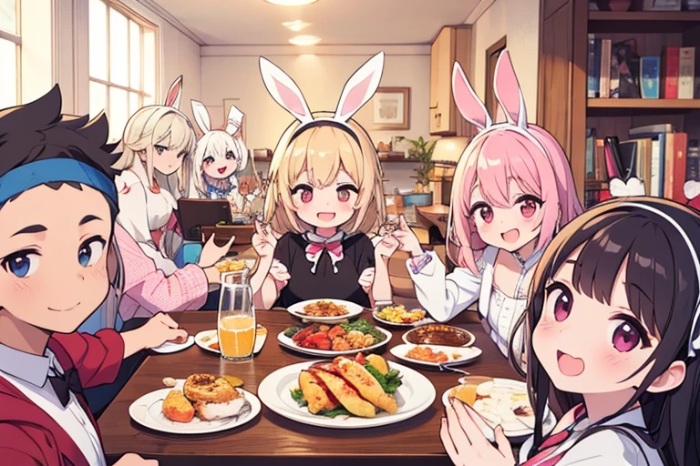 (Bunny ears headband), Special Party, Friends, Have fun, celebration, quality, Modest, More than one person, smile, harmonious, Warm atmosphere, feast, Unity, close, family, Warmth, casual, simple, Natural, Friendly, fun, nonchalant, Approachable, House Party, comfortable, happiness, Friendly, bond, Sense of unity