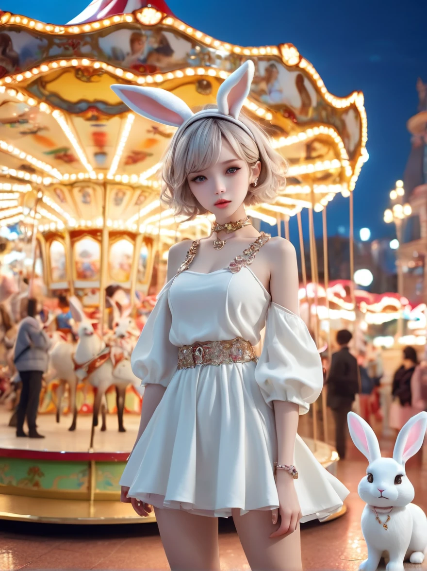  Wide-angle lens, Woman wearing fashionable spring clothes，Woman enjoying carousel at night，emaciated，Serious expression，short hair，Deadly pose，Gorgeous necklace, Light milky porcelain skin, smooth, Crystal clear skin, Enchanting anime girl, Beautiful and attractive anime woman, Super realistic sweet bunny ears girl, Light porcelain white skin, smooth, realistic and perfect figure, Anime Girl Cosplay, Perfect body with realistic shadows