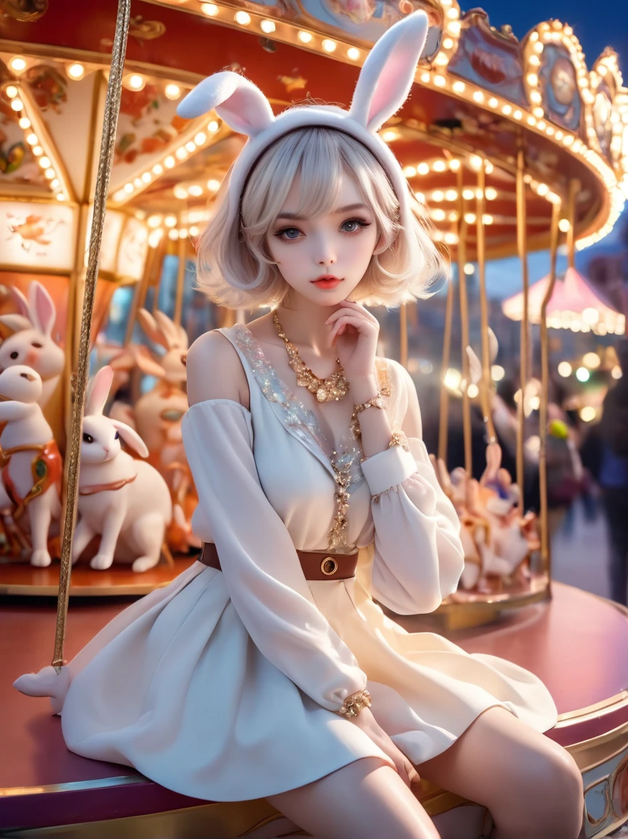  Wide-angle lens, Woman wearing fashionable spring clothes，Woman enjoying carousel at night，emaciated，Serious expression，short hair，Deadly pose，Gorgeous necklace, Light milky porcelain skin, smooth, Crystal clear skin, Enchanting anime girl, Beautiful and attractive anime woman, Super realistic sweet bunny ears girl, Light porcelain white skin, smooth, realistic and perfect figure, Anime Girl Cosplay, Perfect body with realistic shadows