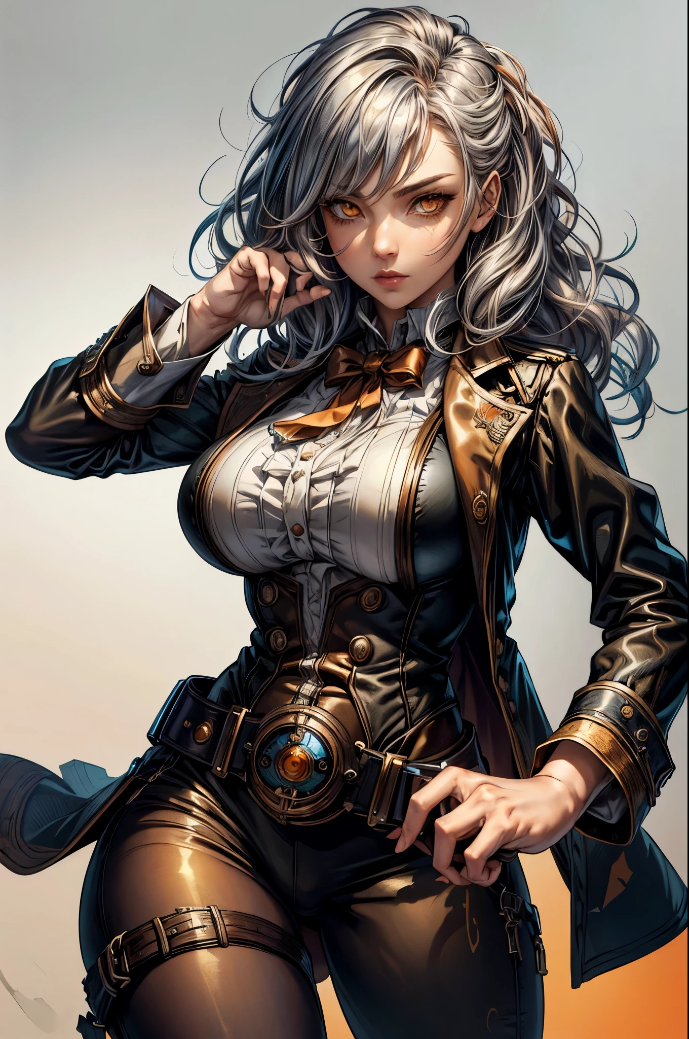 ((Live 2D))  masterpiece, One girl, whole body, Stand up straight, Steampunk clothing, uniform, View Viewer, Detailed eyes, Asymmetrical Hair, Multi-coloured hair, belt, metallic, Gradient Hair, Silver hair tips, Wavy Hair, Gradient Eyes, Orange eyes, (Simple Background, White Background: 1.3)