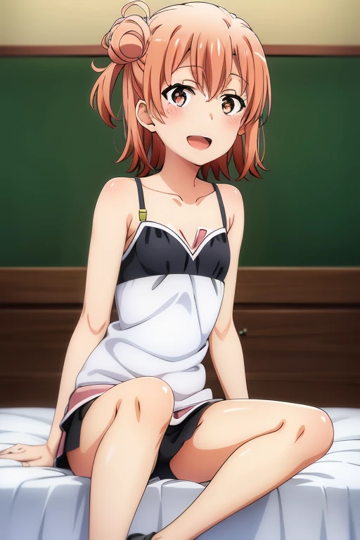 ((highest quality)), ((masterpiece)), (be familiar with), Perfect Face, indoor, Bedroom, Watching the audience,
One woman, Yuigahama Yui,
Open Mouth, Ecstatic expression, blush, smile,
Small breasts, Flat Chest, Young Girl, , , Girl,
Short Hair, Salmon-colored hair, Salmon-colored eyes, Side Pony,
Leg spread,