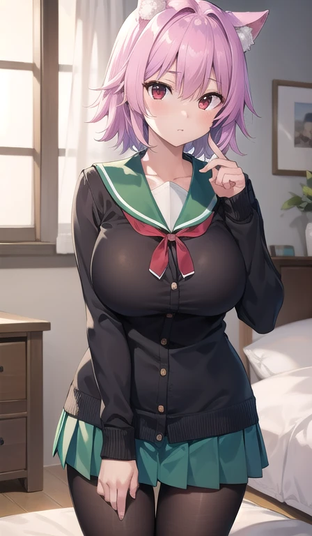 kantaitama, tama, cat ears, cat tail, hair between eyes, purple hair, short hair, (red eyes:1.5), huge breasts, enormous breasts, 
BREAK , serafuku, sailor collar, green sailor collar, cardigan, black cardigan, long sleeves, skirt, green skirt, pleated skirt, pantyhose, black pantyhose,
BREAK looking at viewer, (blush:1.5), on bed, 
BREAK indoors, bedroom, 
BREAK (masterpiece:1.2), best quality, high resolution, unity 8k wallpaper, (illustration:0.8), (beautiful detailed eyes:1.6), extremely detailed face, perfect lighting, extremely detailed CG, (perfect hands, perfect anatomy),