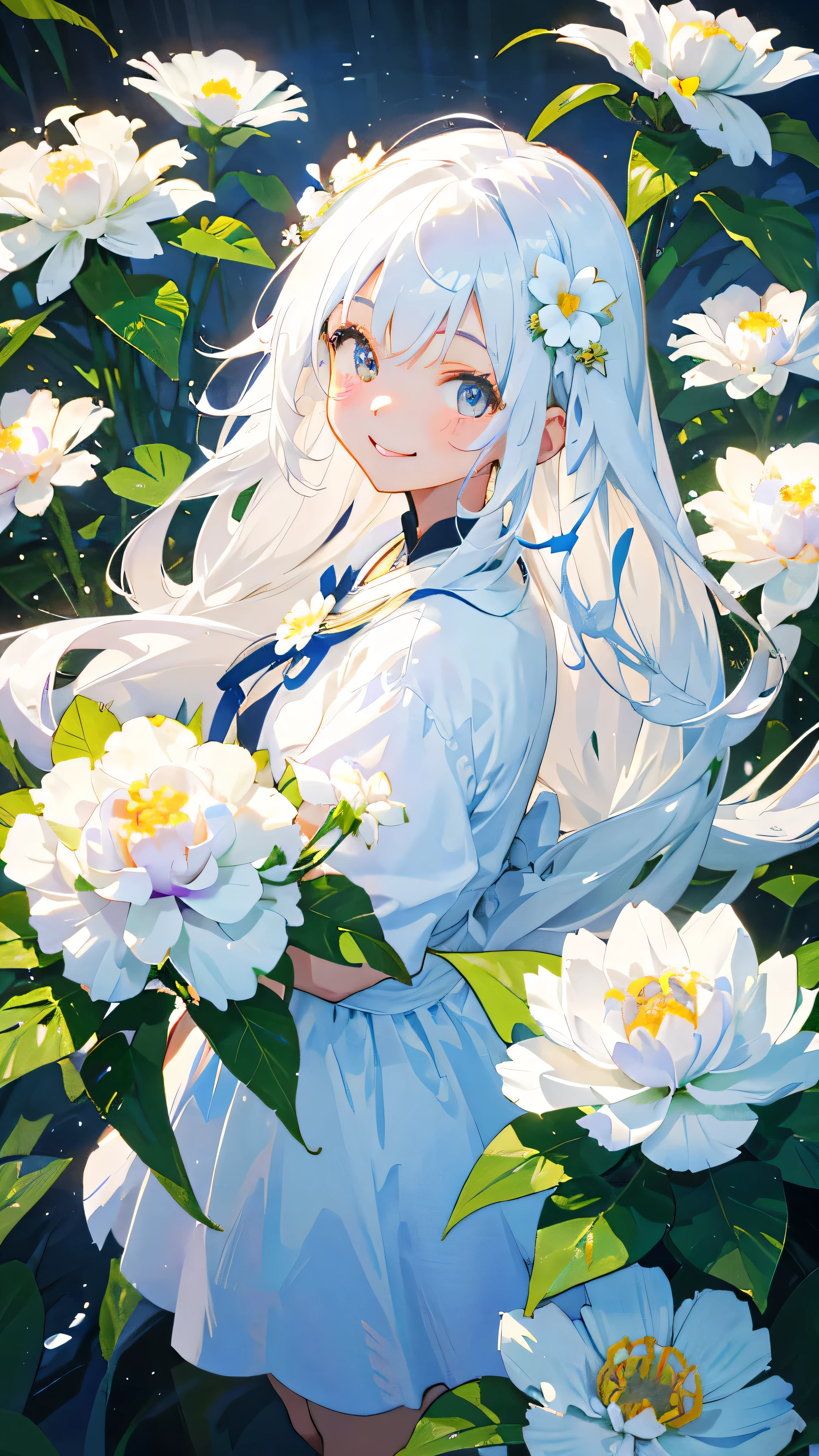 That girl had a very cute smile at the center of the world.。She is wearing a white dress,Wearing a white flower in long hair.。surroundings々Flowers in bloom。