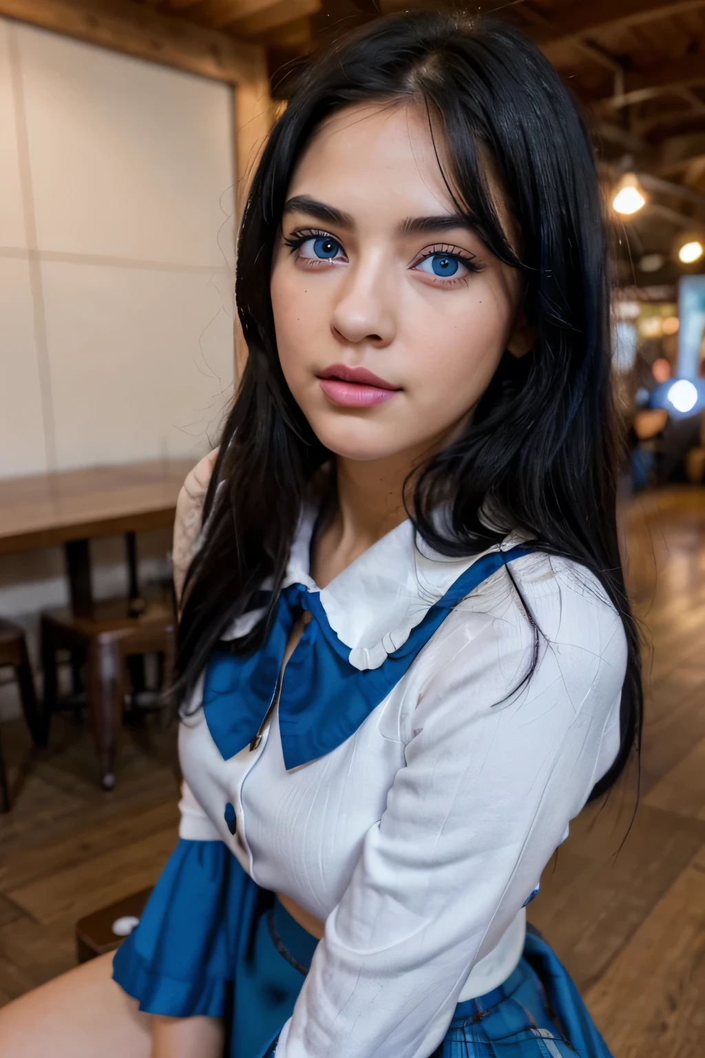 cute girl, fair, big blue eyes, black hairs, button nose, well balanced countered brows, pink lips (full lips), symmetrical face, cute chin, wearing blue skirt.