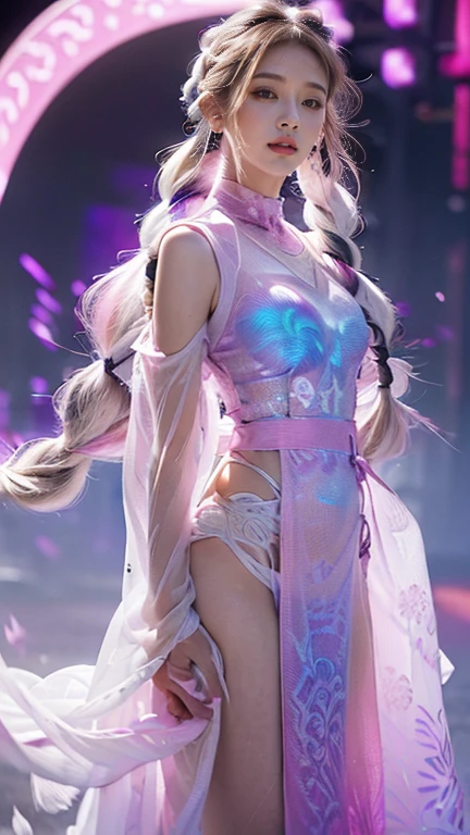 highest quality, Very detailed, masterpiece, Two women posing,(((Perfect female body))),Very beautiful face, Very beautiful body,Gentle expression, Very beautiful eyes,(Perfect Makeup:1.1),Fashion Model,Cyberpunk Fashion,Cinematic Light,Curly Hair,Shaggy Hair, (Drifting in the Wind,White purple gradient long braided chignon hair:1.5),very thin body,Smart Abs,(Monogram pattern:1.3), (((Various patterns,Pink and blue gradient,See-through Bolero,Colorful Racing Dress Suit:1.3))),anklet,Tech High Top Sneakers,A kind smile,Full body portrait,(Night in Cyber City), (Shiny skin),(Earrings),Long scarf with elegant pattern,Neon long shawl,Digital Feather,LED Signs,