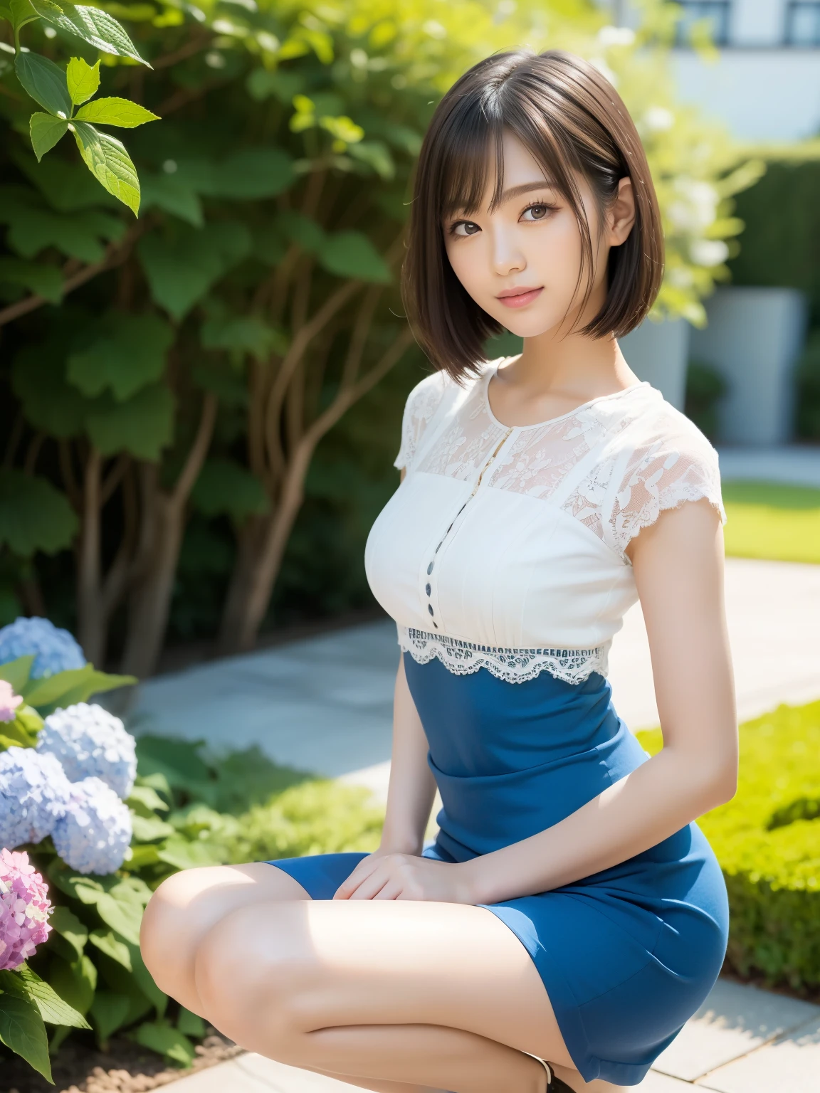 (highest quality:1.5), (Real:1.5), (1 person:1.5), (Very detailed), (High resolution), 8k, Small breasts, Natural color lip, Cute smile, Japanese women, 20 year old girl, (Perfect and beautiful face), (Big eyes), (Beautiful and Cute face), (Beautiful balanced eyes), Beautiful double eyelids, Perfect and beautiful face, Thin arched eyebrows, Slim face, (slim body), beautiful thin nose, beautiful skin, (medium bob hair), natural bangs, fair skin, (with a cute expression), (bright lighting), lighting from the front, (lighting the face), dark blue eyes, slim waistline, (miniskirt), slender and beautiful legs, hydrangeas, garden, (with lace) (wearing a one-piece dress with a micro miniskirt), beautiful and slim thighs, (squat),