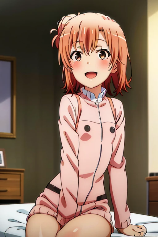 ((highest quality)), ((masterpiece)), (be familiar with), Perfect Face, indoor, Bedroom, Watching the audience,
One woman, Yuigahama Yui,
Open Mouth, Ecstatic expression, blush, smile,
Small breasts, Flat Chest, Young Girl, , , Girl,
Short Hair, Salmon-colored hair, Salmon-colored eyes, Side Pony,
Leg spread,