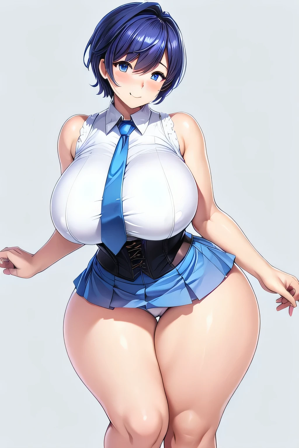 (high quality, High resolution, Fine details), ((simple white background)), sleeveless shirts, corset, blue miniskirt, blue necktie, white , alone, Curvaceous mature  fleshy, short hair, (voluptuous thighs, thick thighs, curvy thighs), narrow waist, Sparkling eyes, (Fine grain:1.2), smile, blush, Sweat, Oily skin, [[from side]], full body, standing,
