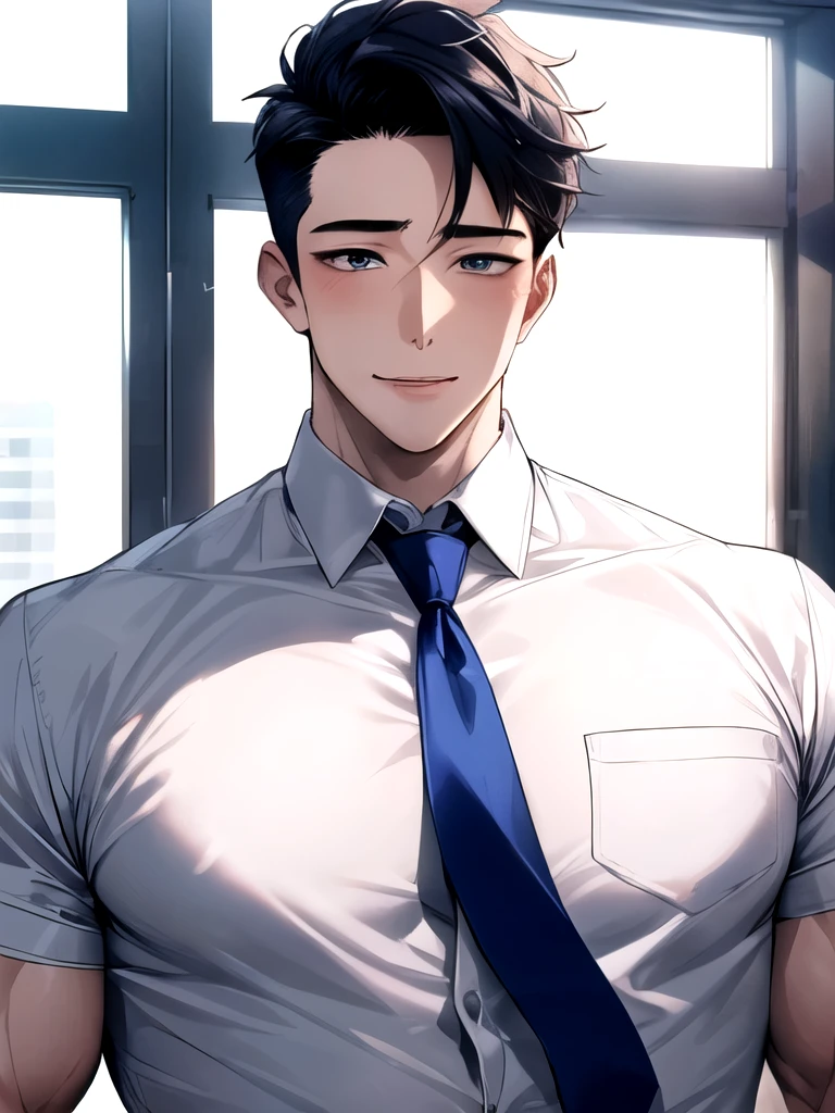 One boy, Face Focus, Adult, sexy, highest quality, employment, Detailed face, office, Building seen from the window, Detailed Background, Diffused sunlight, Written boundary depth, Bokeh、(Huge and very heavy pectoral muscles:1.3)、hentai、BL、Boys Love、Muchimuchi、Blue Y-shirt、Salaryman、A charming face、A man with a cute expression、Plump, sensual lips、Sensual look、Korean Men、The shirt is buttoned up、tie、Hairstyles that expose the forehead、Big eyes、Inverted triangle face
