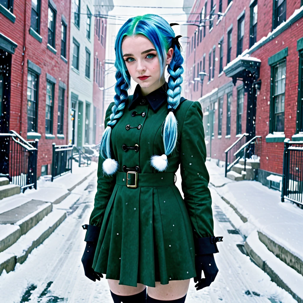 best quality,ultra high res,1girl,solo,full body,snow,city,, blue hair,green eyes,jk, Wednesday Adams