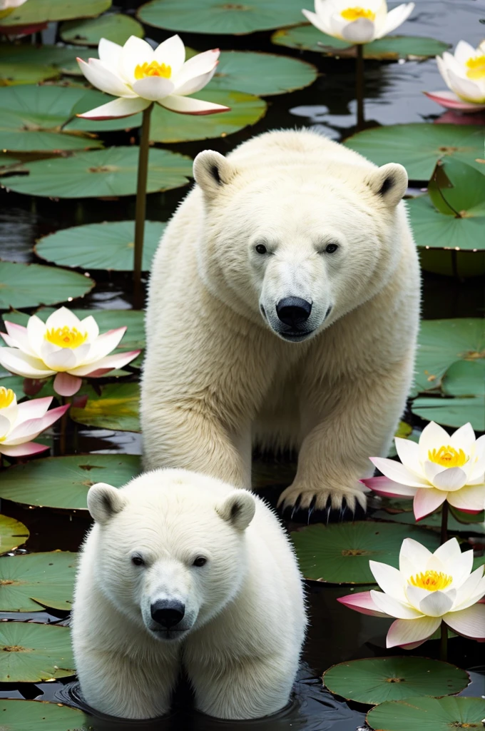 Polar bear holding a lotus flower