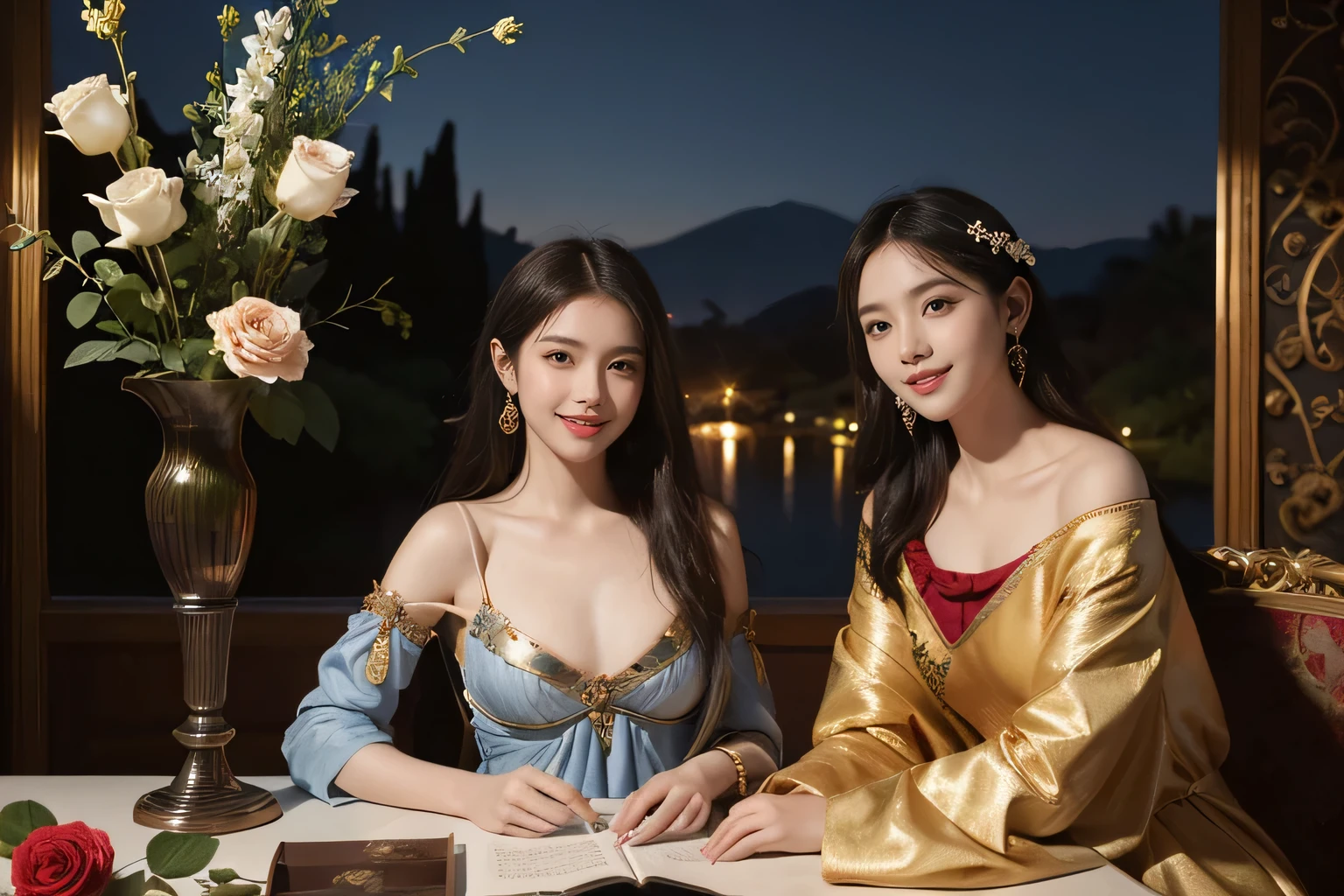 Giorgione painting style,Arguments of two female Philosophe,math、astronomical machine、astronaut、roses in vase、fruits、Cute trinkets、smile、ancient greek costume、Background is a forest lake at night 、Clothes that stretch your shoulders、A big smile、beautiful bare skin、A detailed representation of the seducing woman throughout her body.