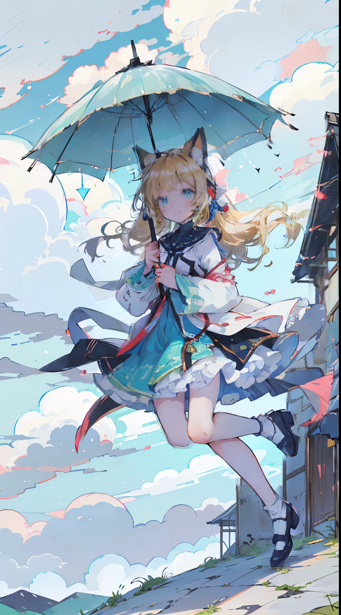 ((Tabletop, highest quality: 1.1), ((Anime girl in blue dress holding umbrella)), メイド服を着たアニメのCat girl, , ((Blonde))、Long-haired、Very Beautiful Anime Cat girl, アニメCat girl, ((White knee-high socks)), 魅力的なCat girl, Inspired by Leiko Ikemura, Takano Aya color style, in ryuuou no oshigoto art style, Cat girl, Favorite character, rei hiroe、With a smile