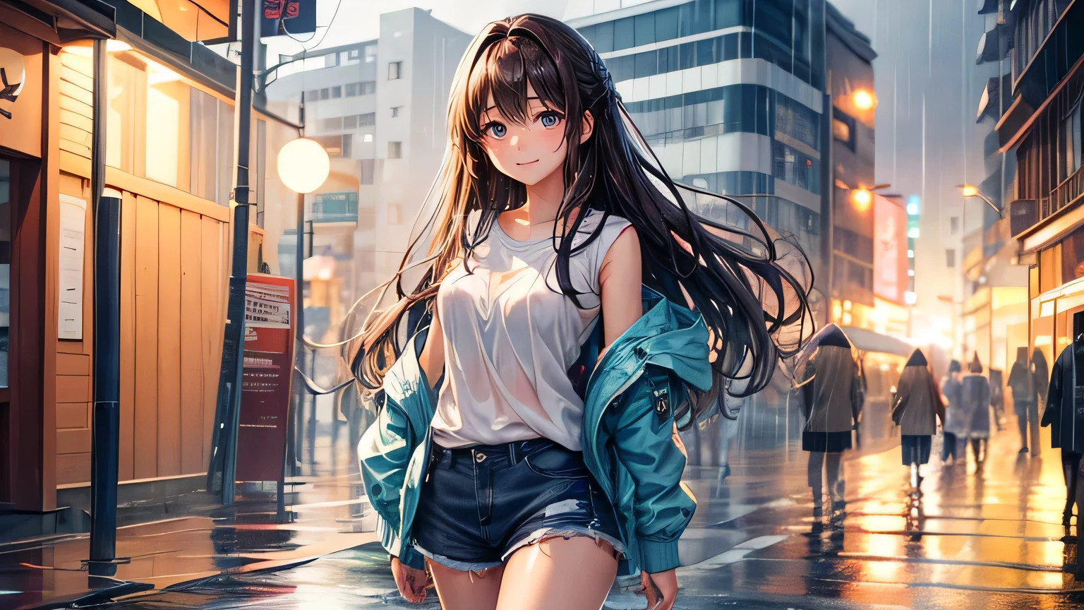 A gentle smile、woman、Beautiful long brown hair、A beautiful light blue parka,Torn shorts,Clothes that are wet from the rain and slightly transparent,Wet Hair,Wet clothes,office Street,rain,Weather,Ultra-high resolution, Accurate, Super detailed, Textured skin, High detail, highest quality, 8k, Detailed Hair,Detailed eyes,Focus on the face,Depict the figure from the waist up,