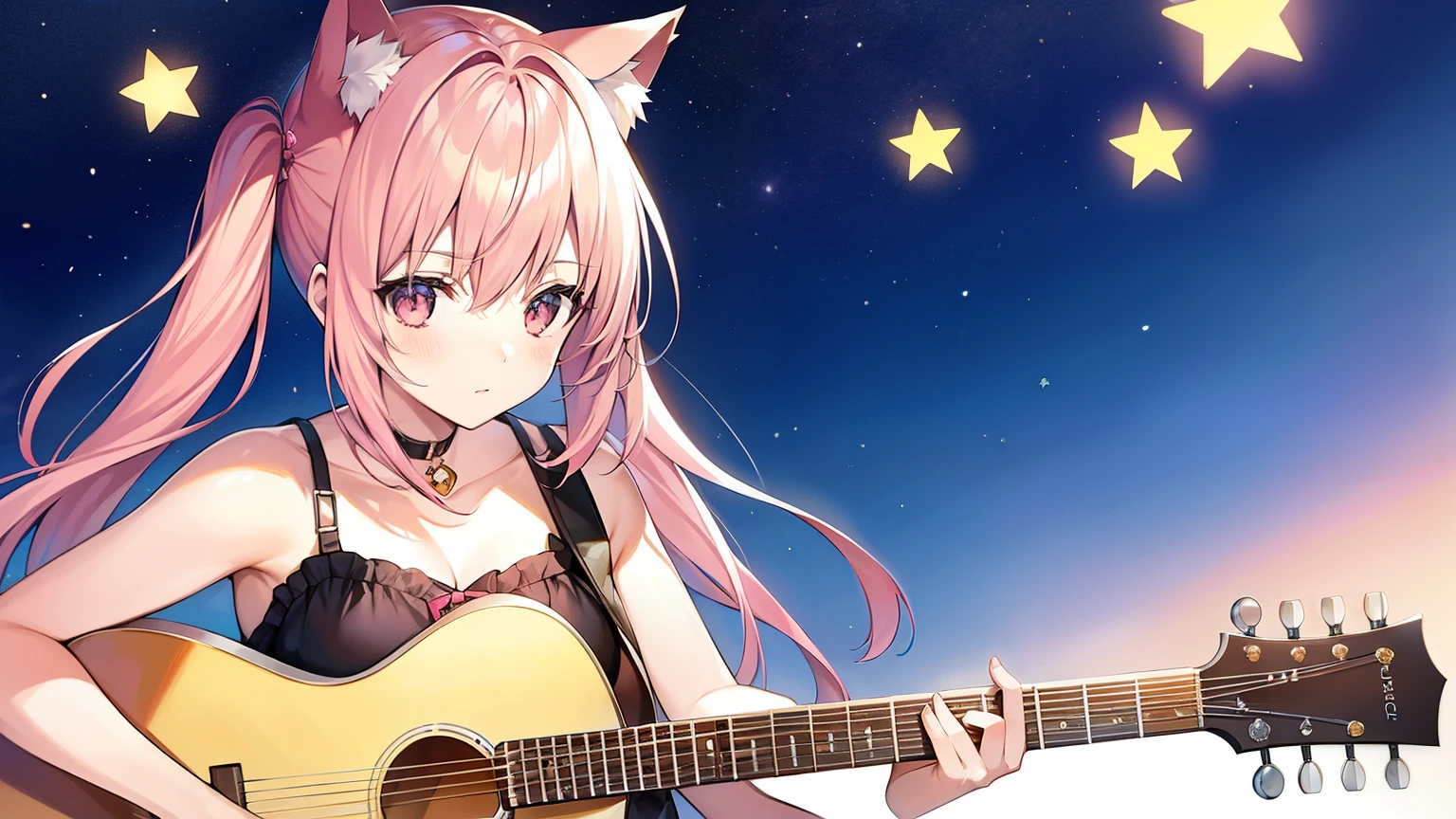 picture a scene of a girl playing the guiter alone with stars in the sky. Anime, pink hair, cat ears. That's her charm.
