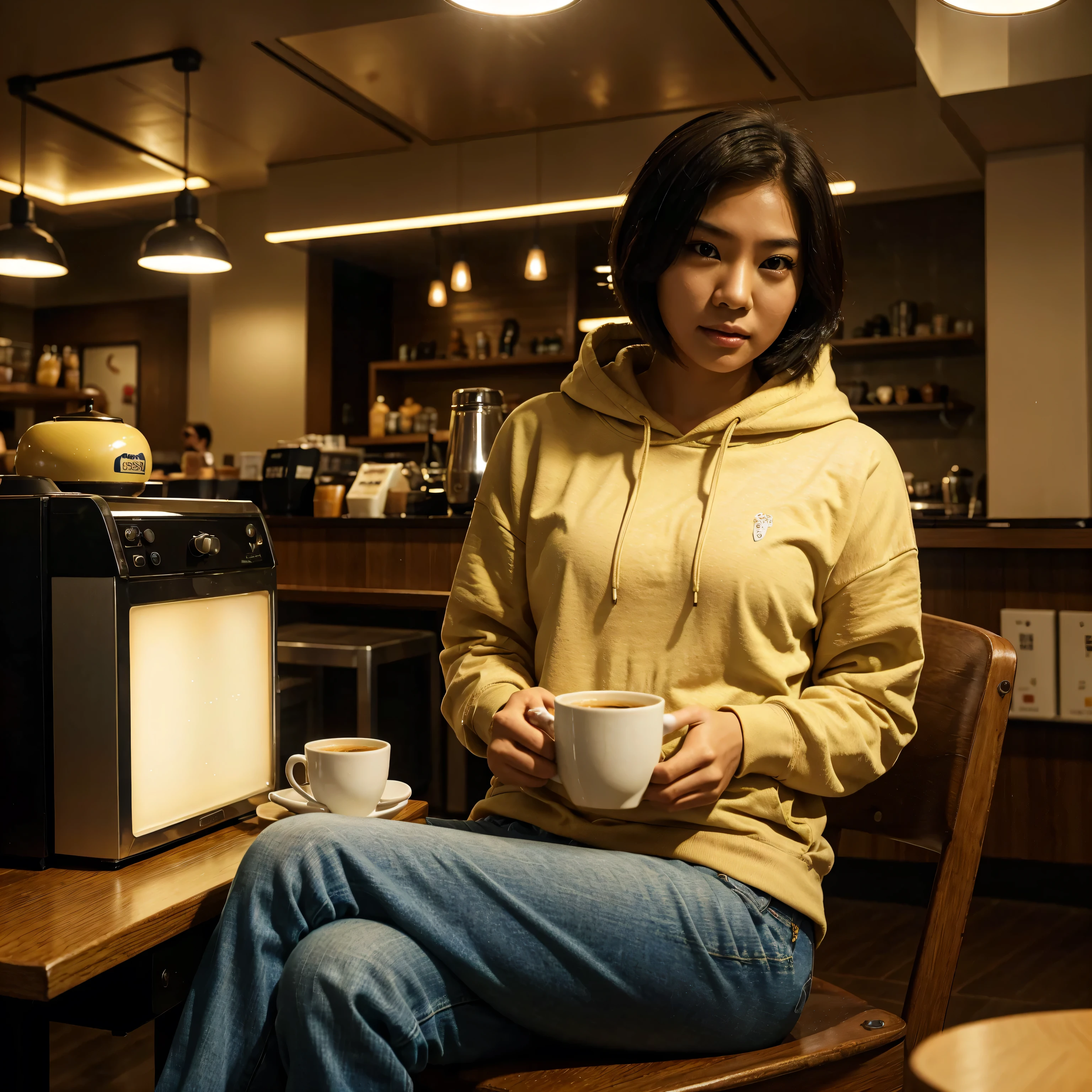 "An Asian woman with light yellowish skin and short hair, wearing a long hoodie and jeans, sitting on a chair enjoying a cup of coffee in a café. It's raining outside, and the atmosphere inside the café is serene with dim, warm lighting." Night vibes