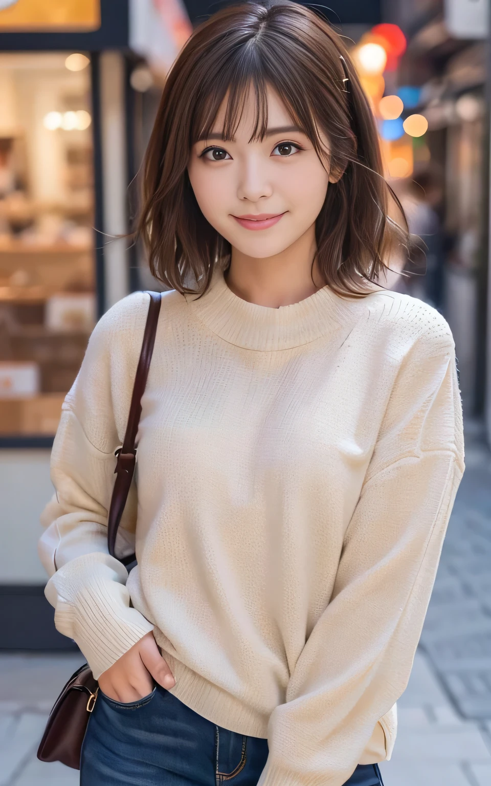 Cute 21 year old Japanese、city、shopping、Highly detailed face、Pay attention to the details、double eyelid、Beautiful thin nose、Sharp focus:1.2、Beautiful woman:1.4、(Light brown hair,short hair、),Pure white skin、highest quality、masterpiece、Ultra-high resolution、(Realistic:1.4)、Highly detailed and professional lighting、nice smile、Please show me your whole body、Cute autumn clothes、