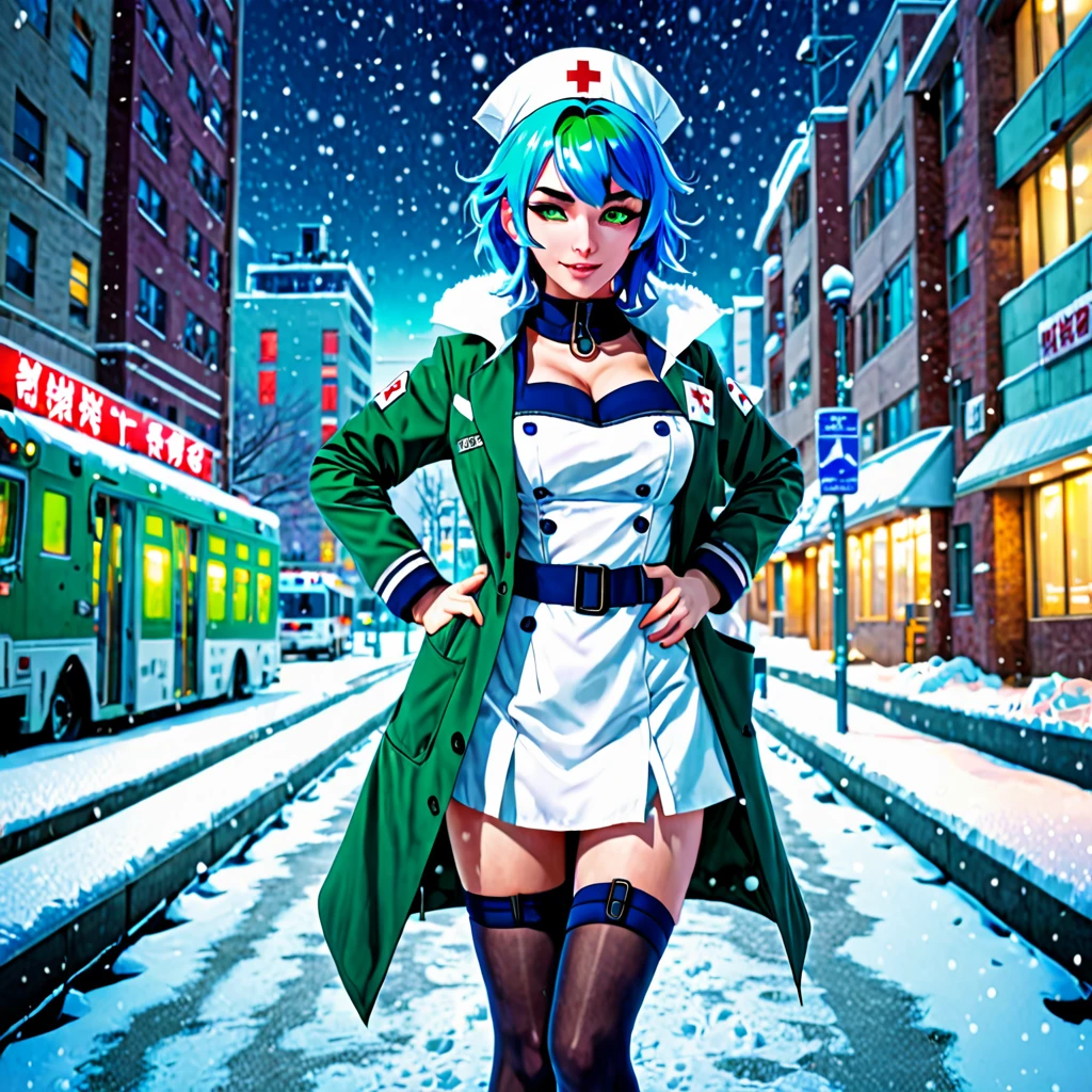 best quality,ultra high res,1girl,solo,full body,snow,city,, blue hair,green eyes,jk,evil nurse