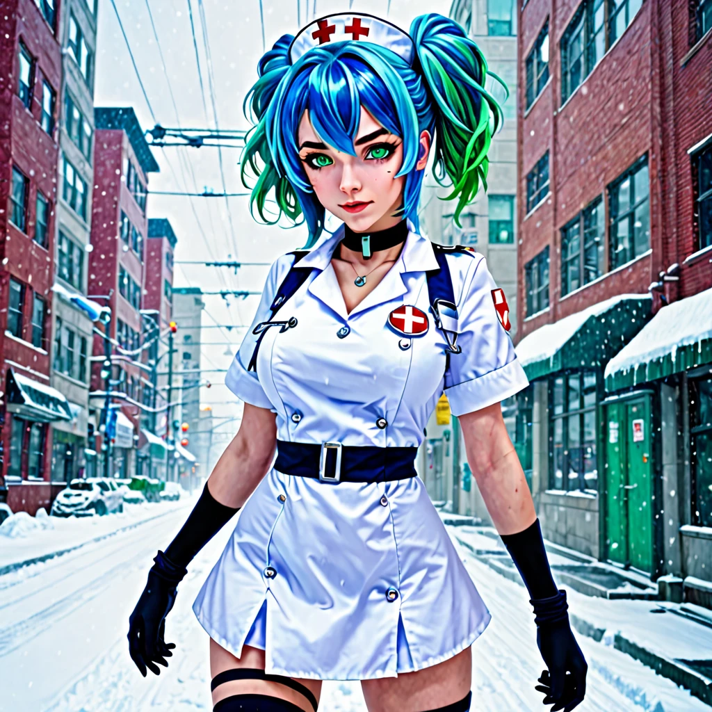 best quality,ultra high res,1girl,solo,full body,snow,city,, blue hair,green eyes,jk,evil nurse