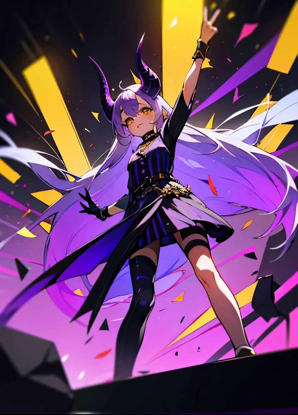 A stunning anime-style illustration of a girl with long hair in a color between light purple and silver, and golden eyes, featuring large black and purple striped horns. She is dressed in a stylish and detailed outfit with elements of black, purple, and gold, including accessories like a choker and belts. The background should have a dynamic and vibrant atmosphere with elements such as confetti and stage lights, suggesting a performance or concert setting. The girl’s expression is lively and energetic, capturing the essence of an idol or performer. The overall scene is colorful and filled with motion, reflecting a high-energy environment.