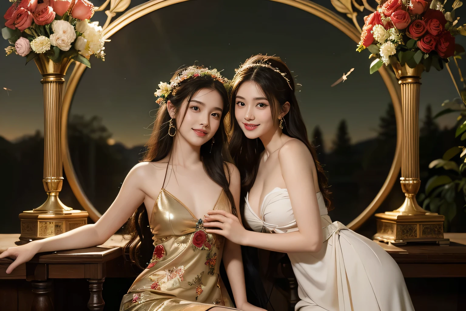 Giorgione painting style,Arguments of two female Philosophe,math、astronomical machine、astronaut、roses in vase、fruits、Cute trinkets、smile、ancient greek costume、Background is a forest lake at night 、Clothes that stretch your shoulders、A big smile、beautiful bare skin、A detailed representation of the seducing woman throughout her body.