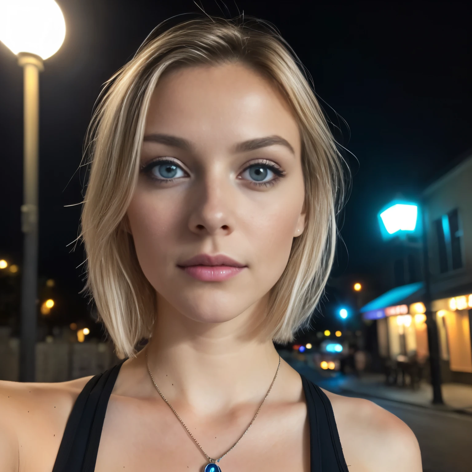 (Selfie, Vue de dessus: 1.4), (Right half of the body: 1.4), RAW UHD portrait photo of a 24-year-old blonde (Femme aux yeux bleus) Descendre sur la plage, Palmiers, (jupe), (neckline), specifics (Textures! , cheveux! , Briller, Couleur!! , disadvantages: 1.1), Bright eyes with lots of detail (looking at the camera), SLR lighting, Reflex, Ultra-quality, re sharpness, profondeur de champ, grain du film (centre), Fujifilm XT3, Limpide, Centre du cadre, beau visage, mise au point nette, street lamp, neon lighting, Bokeh (dimly lit), Nuit, (Ciel nocturne), detailed skin pores, peau grasse, coup de soleil, intricate eye details, corps entier, gros seins, blue eyes, sexy young girl, 23 yo