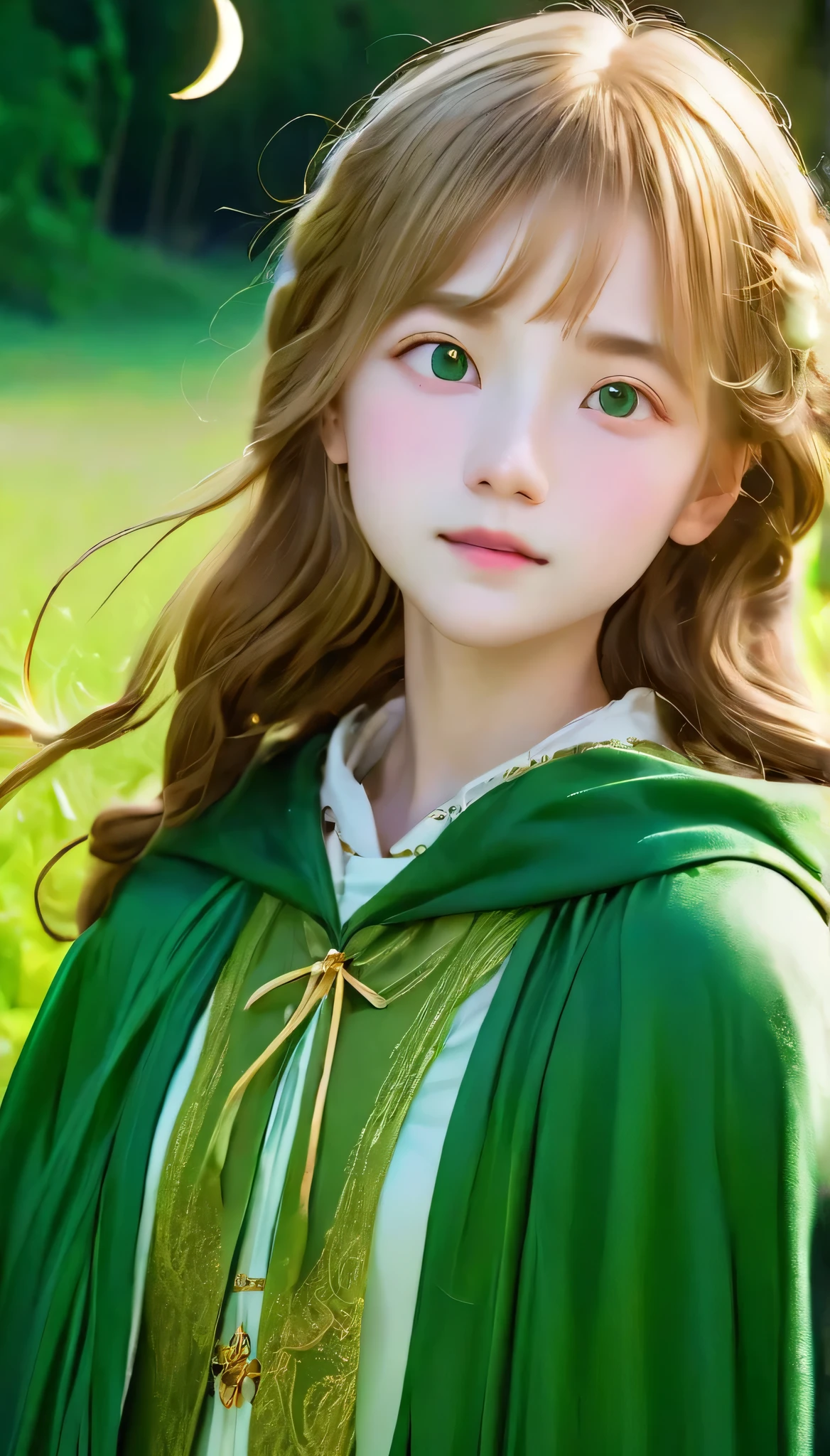 A close up of a girl in a green cape and a green cloak - SeaArt AI