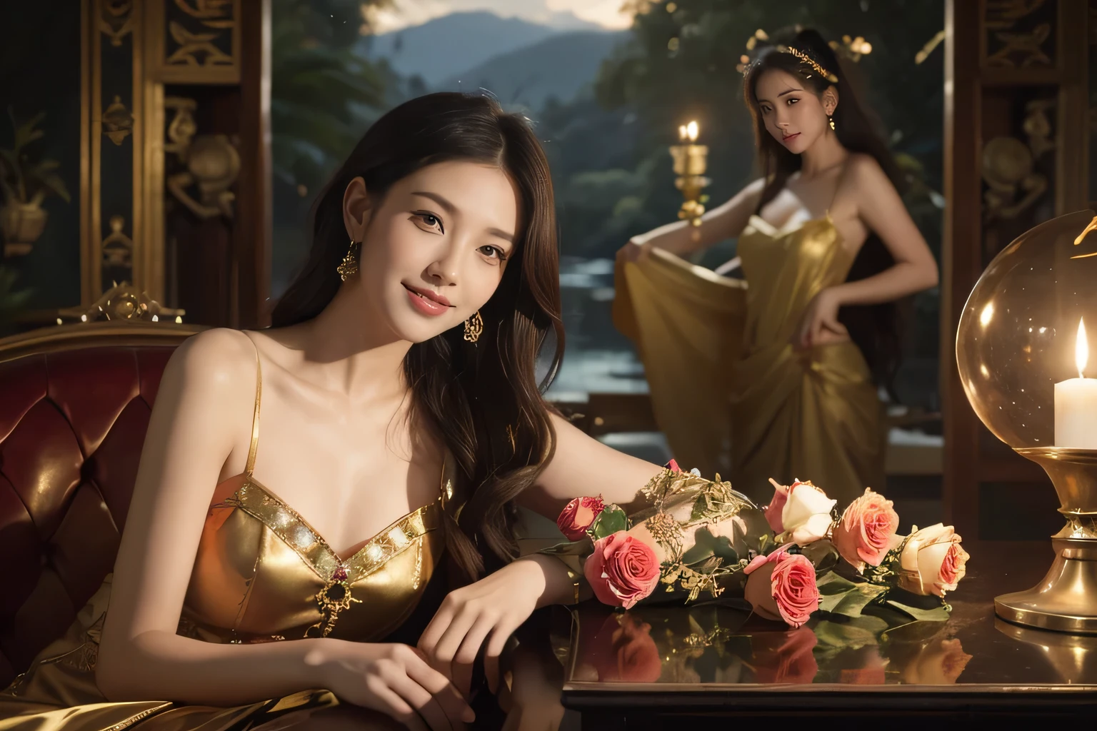 Giorgione painting style,Arguments of two female Philosophe,math、astronomical machine、astronaut、roses in vase、fruits、Cute trinkets、smile、ancient greek costume、Background is a forest lake at night 、Clothes that stretch your shoulders、A big smile、beautiful bare skin、A detailed representation of the seducing woman throughout her body.