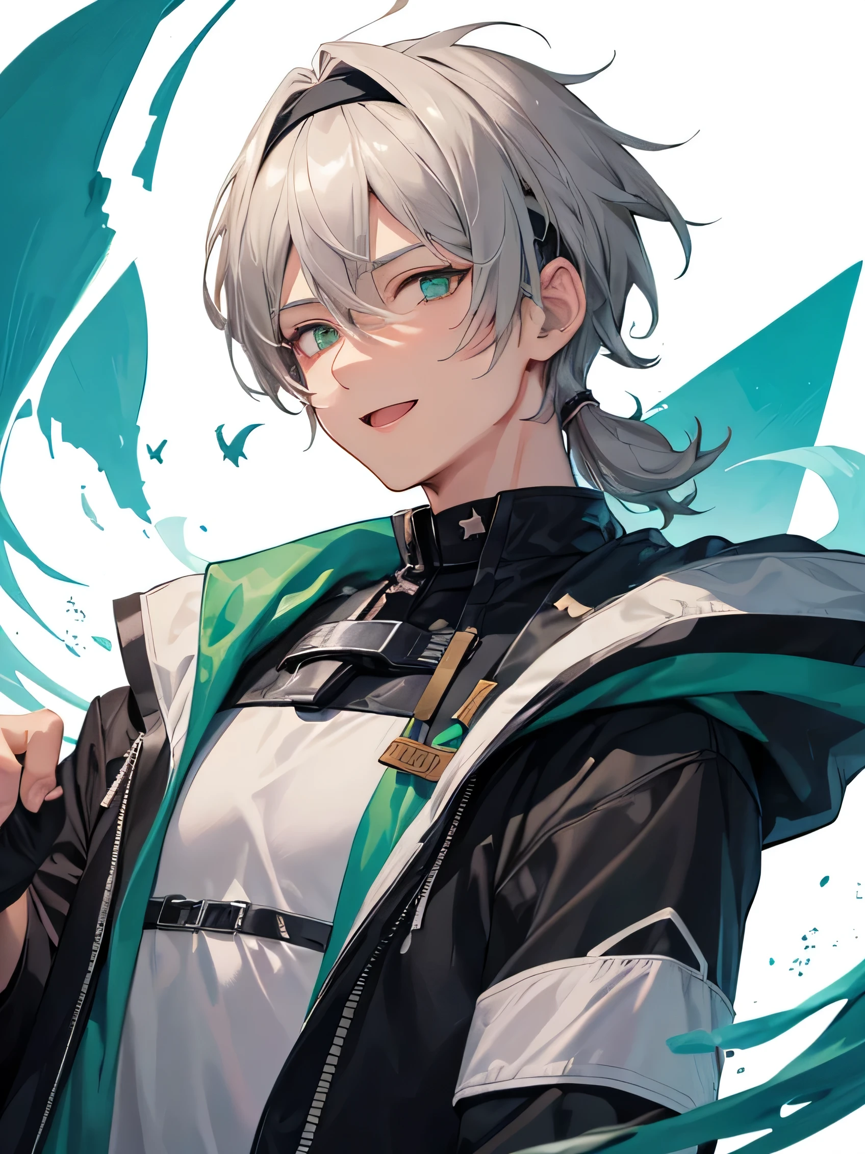 A half body person in jacket, best quality illustration of a gray-haired male character with a Korean hairstyle and headband, and green eyes, brownish skin and have shark tooth. His personality is cheerful and he is interested in adventures.
