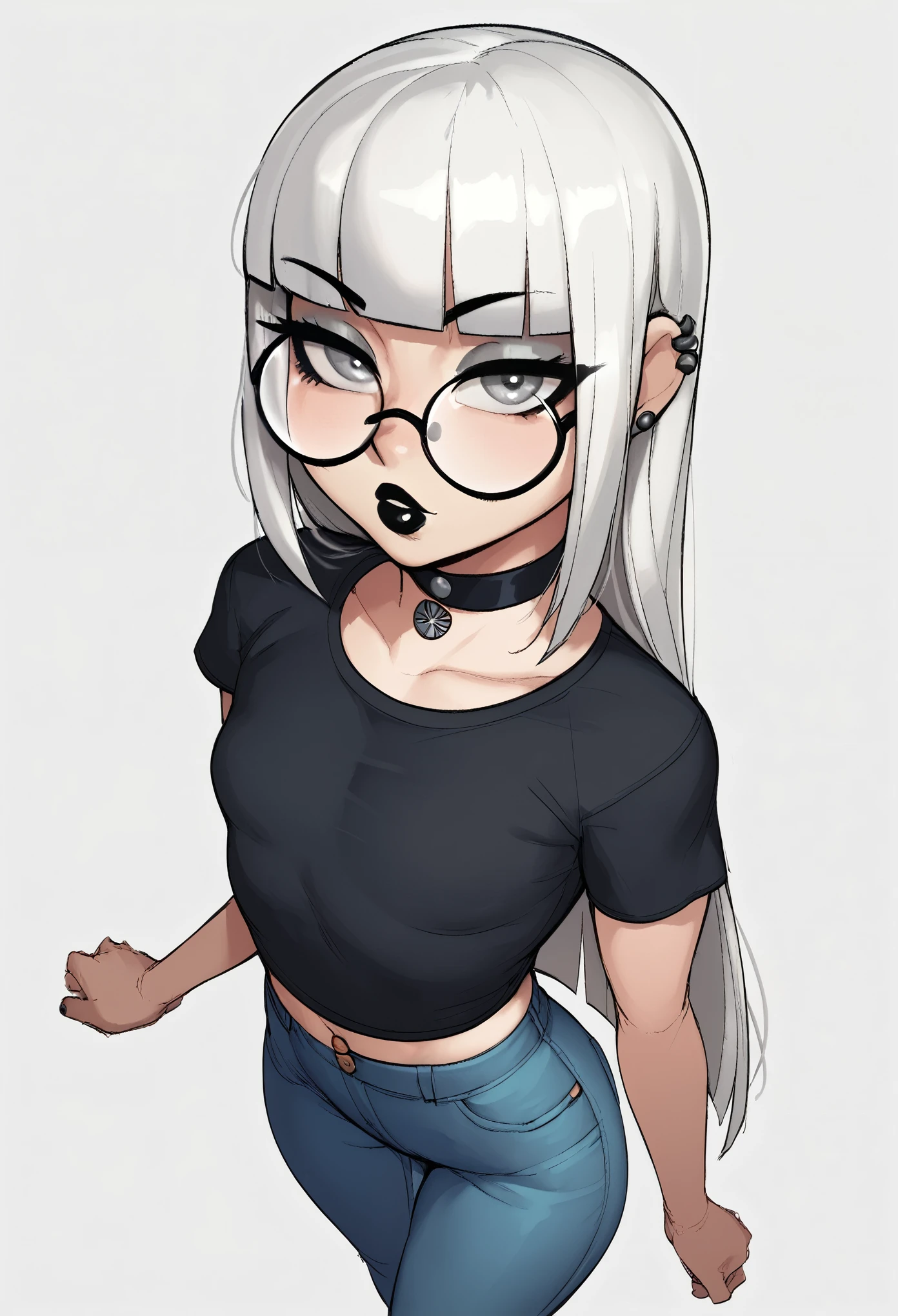 score_9, score_8_up, score_7_up, score_6_up, score_5_up, score_4_up,
BREAK
1girl, white hair, hime-cut hair, straight hair, long hair, grey eyes, thick lips, small, long eyelashes, half-closed eyes, black-framed eyewear, round eyewear, black choker, blunt bangs, adult, black eyeliner, ear piercing, black lips, grey eyeshadow, looking at viewer,
BREAK
solo, standing, small breast, adult, skinny, from above, arched back, thigh gap, black top, blue jeans,
BREAK
(white background:1.2), simple background, dynamic pose, dynamic angle, angled shot, 