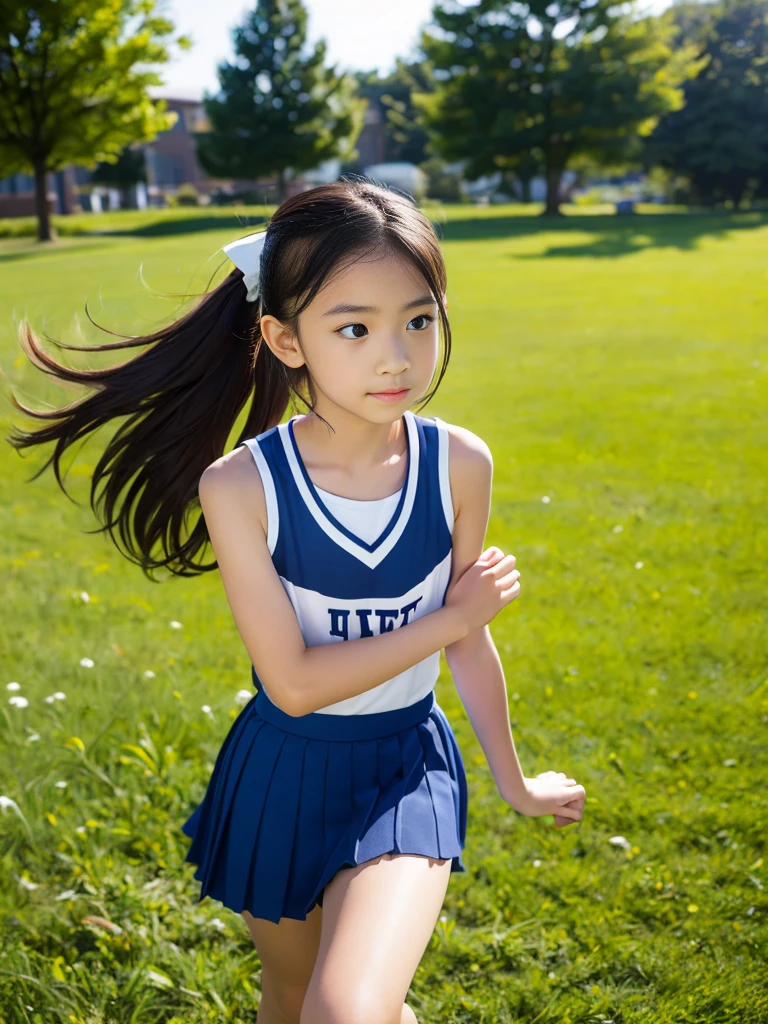 (masterpiece, highest quality:1.4), Award-winning portraits, 8k, 85mm, alone, Beautiful Face, Delicate girl,  (Cheerleader、On the grass), Sophisticated, cute, 15 years old, RAW Photos, Confused, High resolution, Sharp focus, Background Blur、(((flat  、thin and delicate body、Childish atmosphere)))、shiny semi-long hair、ponytail、Mole on the left cheek、 Dark blue eyes、the skirt is swaying in the wind、Hair swaying in the wind、sexy、flexible legs