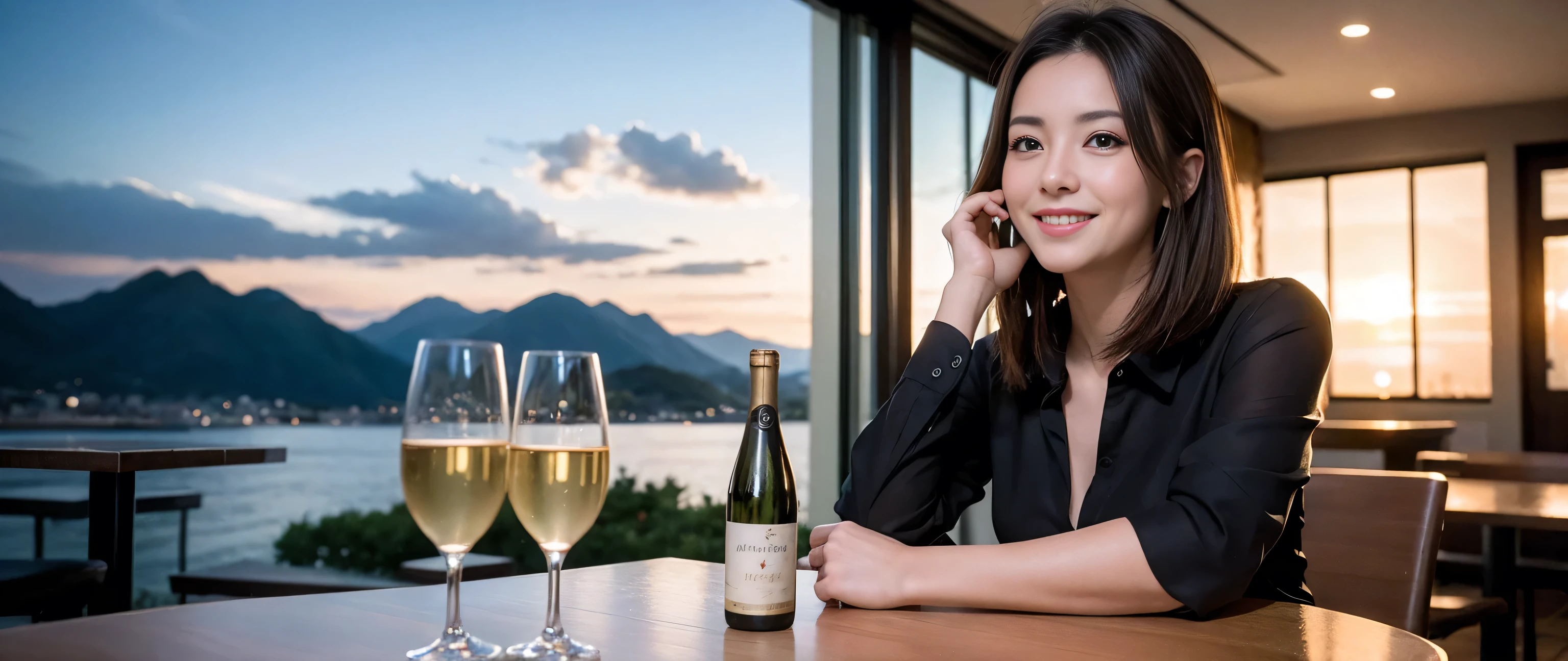 ((highest quality、8k、masterpiece:1.3))、1 male、1 female、Couple、Lovers Couple、Slim body、((Bob Hale、Straight hair:1.2))、(Realistic, Intricate details:1.2), Wine glass on the table、Put the light on your face、 Amazing view of the sunset sky and clouds、Amazing mountain views、A bright smile、A lovely woman with a smile、Bright image、Beautiful Face, blue eyes, The light shines on your face, Blushing, short hair,Bright Face、Fox face、 (40 years old), 39 years old, Lady、red wine 、Appetizers、Italian food、Wine bottle、Champagne、sparkling wine、Two beauties、Brown Hair、Shortcuts、Long sleeve shirt、dress、Pretty Woman 1, (Slim face), (The body is slim), (Brown Hair), (Shortcuts), cheeks turn a little red,Attractive beauty、, Out of the window, A beautiful and detailed night view unfolds.........., restaurant, In a prominent place (From the waist up) Nova Frog Style, actress, model, Upper Body, White wine, slim, wine glass, Wine glass placed in the center, smile, (smile: 1.15), Beautiful fine grain, Depth f/2,saturation, High Contrast, Strong light and shadow,Moist Body:1.5、3D texture、Delicate eyes、Brown Hair、The hair is very shiny、