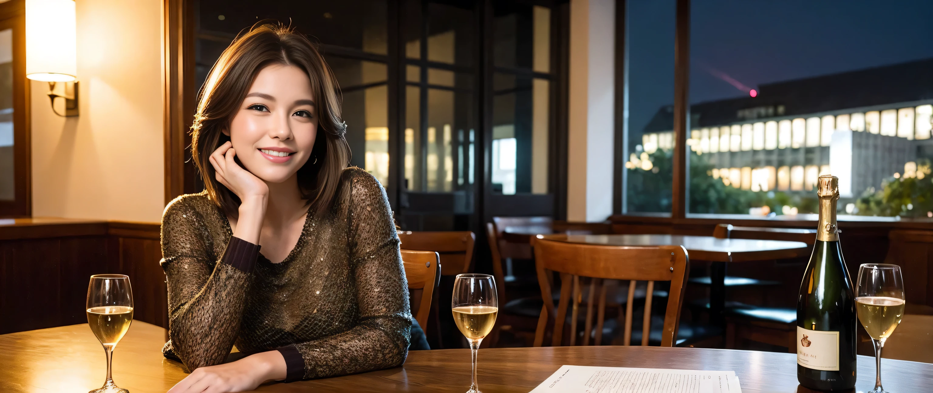 ((highest quality、8k、masterpiece:1.3))、1 male、1 female、Couple、Lovers Couple、Slim body、((Bob Hale、Straight hair:1.2))、(Realistic, Intricate details:1.2), Wine glass on the table、Put the light on your face、 Amazing view of the sunset sky and clouds、Amazing mountain views、A bright smile、A lovely woman with a smile、Bright image、Beautiful Face, blue eyes, The light shines on your face, Blushing, short hair,Bright Face、Fox face、 (40 years old), 39 years old, Lady、red wine 、Appetizers、Italian food、Wine bottle、Champagne、sparkling wine、Two beauties、Brown Hair、Shortcuts、Long sleeve shirt、dress、Pretty Woman 1, (Slim face), (The body is slim), (Brown Hair), (Shortcuts), cheeks turn a little red,Attractive beauty、, Out of the window, A beautiful and detailed night view unfolds.........., restaurant, In a prominent place (From the waist up) Nova Frog Style, actress, model, Upper Body, White wine, slim, wine glass, Wine glass placed in the center, smile, (smile: 1.15), Beautiful fine grain, Depth f/2,saturation, High Contrast, Strong light and shadow,Moist Body:1.5、3D texture、Delicate eyes、Brown Hair、The hair is very shiny、