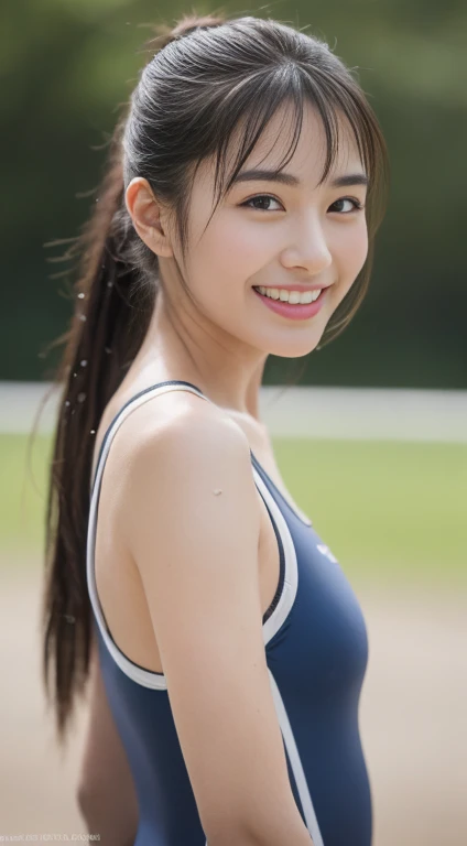 ((highest quality, 8k, masterpiece:1.3, 1 girl, beautiful girl)), High resolution, cute, dynamism, Detailed face, Detailed skin, Fine grain, Detailed lips, Realistic, RAW Photos, Natural light, Perfect Anatomy, Dynamic pose, Round ass, Toned Legs, double eyelid, Tear bags, Round eyes, Moist lips, Mouth details, Detailed tongue, Japanese Girls, Black Hair, bangs, (One piece school swimsuit), Racecourse, indoor, Detailed clothing, Sweaty, Wet clothes, Wet Hair, smile, Long Hair、ponytail