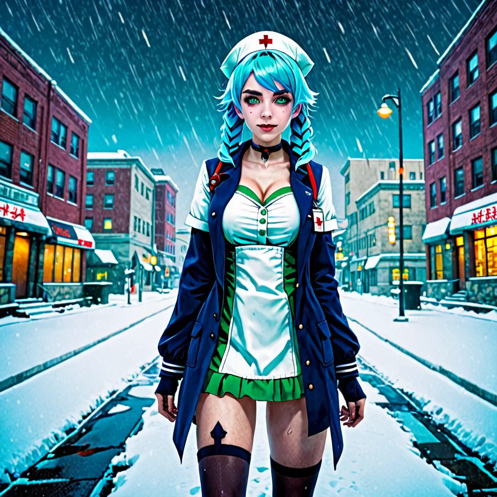 best quality,ultra high res,1girl,solo,full body,snow,city,, blue hair,green eyes,jk, undead nurse
